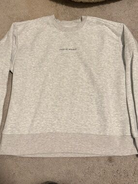 NWOT: Light Heather Gray Crewneck with 'overdressed' Embroidery size M free ship